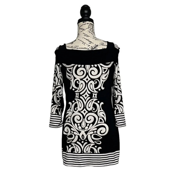 Cache Black White Cold Shoulder Mini Dress M | Geometric Paisley Knit Retro Y2K - Picture 5 of 9